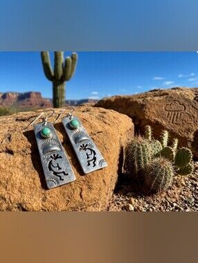Stamped Navajo Jeff James Jr. 925 Silver Kokopelli Turquoise Dangle Earrings.